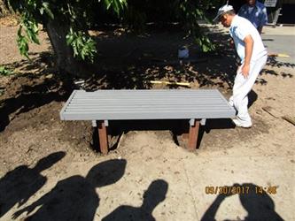 A person inspecting a park bench