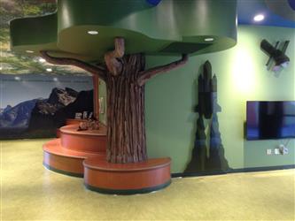 A prehistoric forest themed area of the Summerdale Flexible Instructional Space