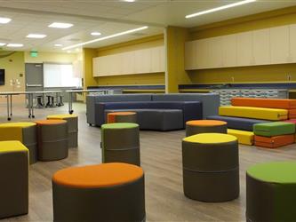 Cylindrical chairs in the Laneview Elementary School Flexible Instructional Space