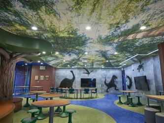 A prehistoric forest themed area of the Summerdale Flexible Instructional Space
